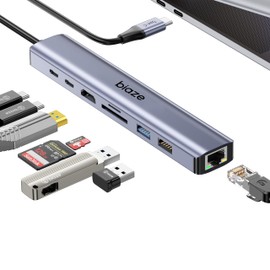 Biaze 8-in-1 USB-C Hub for MacBook Pro with 4K HDMI Adapter, Supporting 100W PD Fast Charging, 100Mbps Ethernet, 2 USB 3.0 Ports, and SD/TF Card Reader. Compatible with MacBook and Type-C laptops.