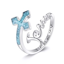 TIGER RIDER Jesus Cross Ring S925 Sterling Silver Adjustable Open Rings Turquoise Cross Ring for Women Faith Jewelry Gifts