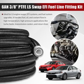 6AN 3/8” PTFE Fuel Line Kit w/Nylon Stainless Braided Fuel Hose 25FT for LS Swap EFI E85 Injection Fuel PTFE Fitting (16Pcs)