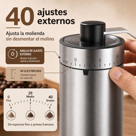 Molino de Cafe Manual con 40 Ajustes Externos, Molinillo de Cafe con Muelas Cónicas de Cerámica, Molino Manual de Cafe Portátil para Espresso, Pour Over, AeroPress, Prensa Francesa, Cold Brew 40 ajustes de molienda, acero inoxidable, bajo ruido, portátil
