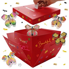 Butterfly Explosion Gift Box, Pop Out Unique Exploding Surprise Box, DIY Flying Butterfly Surprise Gift Box for Mother's Day, Birthdays, Wedding, Baby Shower Party, Anniversaries (red)