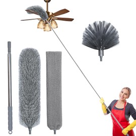Ceiling Fan Duster with Extension Pole, Cobweb Brush and & Gap Duster Cleaning Kit, Microfiber Duster for Cleaning,Telescoping Pole,15-100 Inch Reachable (Grey)