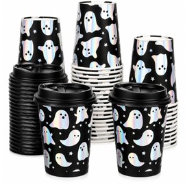 50 Set Halloween Disposable Coffee Cup & Lid, 8oz Holographic Ghost