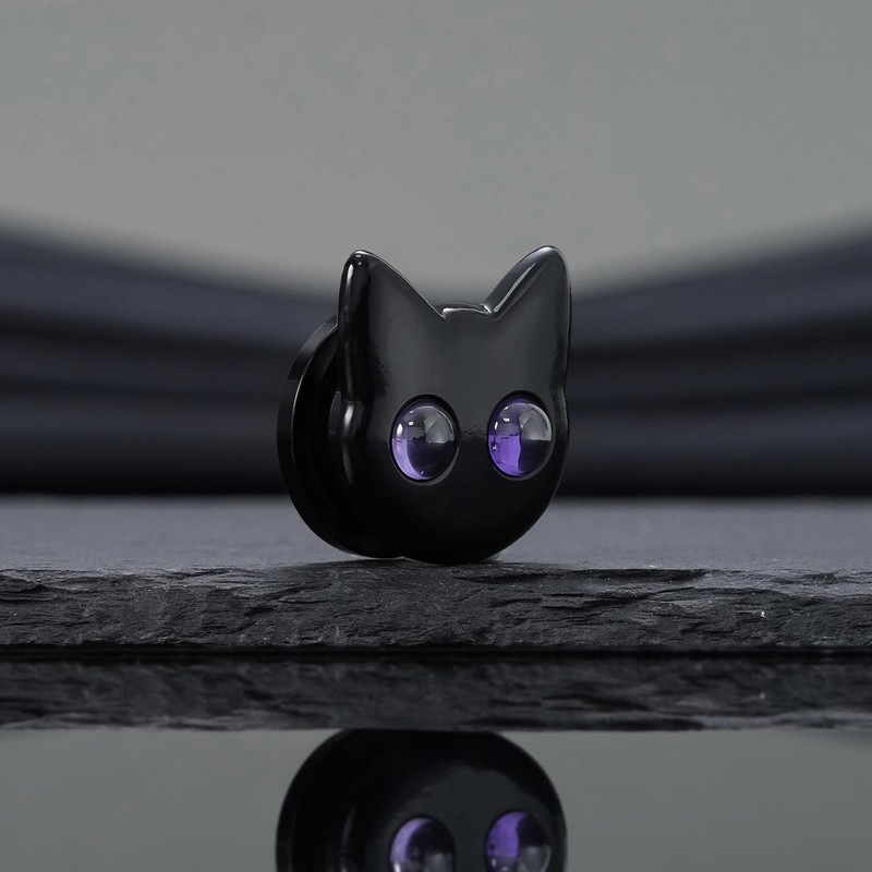 COOEAR Black Cat Ear Gauges, Unique Cartoon Ear Plugs, Stainless