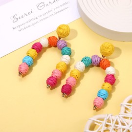 NLCAC Rattan Earrings for Women Beaded Rattan Ball Arch Drop Dangle Earrings Bohemian Summer Beach Jewelry (Colorful)