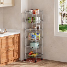 Golpart 6 Shelves Storage Shelf Wire Closet Bathroom Organizers Metal Pantry Kitchen Garage Shelving Unit Laundry Room Organization Home Rack Net Basket Silver with Wheels 14" Dx14 Wx64.8 H