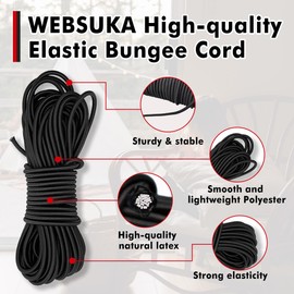WEBSUKA Elastic Bungee Cord, Heavy Duty Bungee Shock Cord, Elastic Polyester Cords for Camping, Tents, Cargo, Awning Kayak Stretch String Rope, Marine Grade, Hammock (3/16"×50ft)