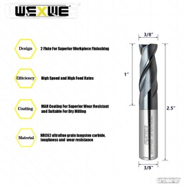 WEXWE Tools 2 Flute Carbide End Mills, Square Milling Cutter for Cutting Alloy Steels,Cast Iron,Aluminum -Chisel Edge Suitable for Vertical Milling Processing - 3/8 Shank (3/8-2.5" 2PCS)