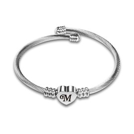 SBI Jewelry M Letter Bangle Bracelet Women Letter Cuff Alphabet Love Heart Silver Initial Bracelet for Friendship Couple Birthday Anniversary Christmas