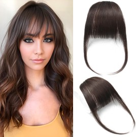 Fringe Hair Clip in Fringe Real Human Hair Pony Hair Extensions Flat Fringe with Temples, Dark Brown Colour