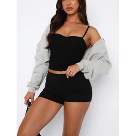 ForeFair Women Y2K Sweetheart Neck Sleeveless Crop Tank Tops Backless Spaghetti Strap Pleated Bustier Camis Going Out Top(M,Black)