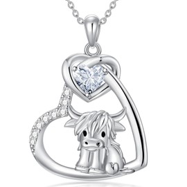 Flpruy Highland Cow Necklace - 925 Sterling Silver Scotland Pendant, Heart-Shaped. Western Jewelry Gifts for Women, Girls, Mom, Daughter or Cow Lover, Sterling Silver, No Gemstone
