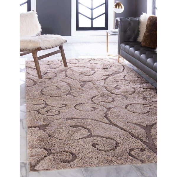 Unique Loom Shag Collection Modern Soft & Plush Textures with Floral Vine Design Area Rug, 5 ft x 8 ft, Light Brown/Gray