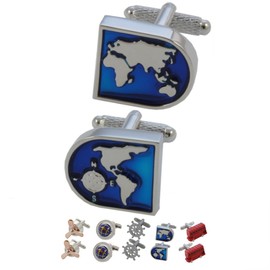 COLLAR AND CUFFS LONDON - PREMIUM Cufflinks WITH PRESENTATION GIFT BOX - World Map - Brass - Blue and Silver Coloured Earth Face - Travel The Globe - Silver Coloured Exterior