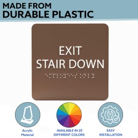 ADA CENTRAL SIGNS - 6" X6" Exit Stair Down Sign - ADA Compliant Tactile Graphics Grade 2 Braille Text Acrylic Wall Sign - Fire Safety Emergency Exit, Stairwell Signs for Office, Hotel, School, Apartment