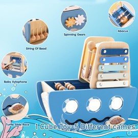 Uandhome Wooden Activity Cube Wooden Toys for Babies Montessori Ball Drop Toys Developmental Toys for Infant Toys,Toddler Educational Learning Toy Gifts,5-in-1 Wooden Play Kit