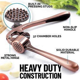 Zulay Kitchen Premium Garlic Press Set - Rust Proof Professional Garlic Mincer Tool - Easy-Squeeze, Easy-Clean with Soft, Ergonomic Handle - Silicone Garlic Peeler & Brush (Copper)