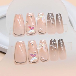 RikView Coffin Press on Nails Long Fake Nails with Butterflies Design Nude Nails Glossy Full Cover Nails for Women 24 PCs/Set
