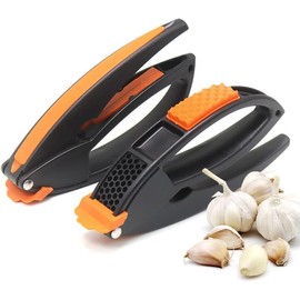Multifunctional 3-in-1 Garlic Press with Peeler and Meat Hammer, Premium Stainless Steel Garlic Presser with a Comfortable handle grip (Orange and Black)