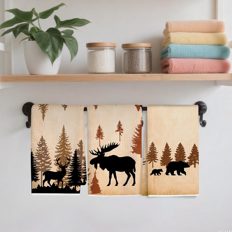 3PCS Wild Animal Deer Moose Bear Forest Camping Kitchen Towel