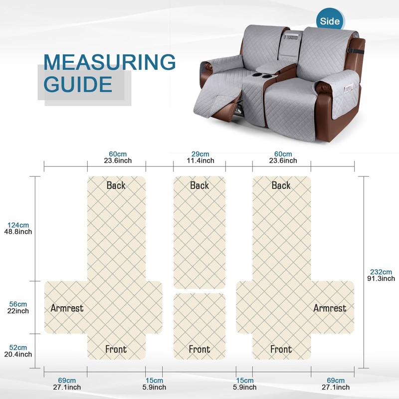 KinCam 100% Waterproof Recliner Loveseat Cover with Console, Non-Slip Reclining