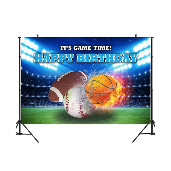 Ticuenicoa 9×6ft Sports Birthday Backdrop Boys Football Basketball Baseball Kids Birthday Background It's Game Time Kids Sports Theme Birthday Party Banner Wall Decorations Props