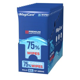 MagiCare 75% Alcohol Hand Sanitizing Wipes (Travel Wipes, 10 Packs) - Premium, Unscented, Large Alcohol Wipes - Hand Wipes Travel Size - Bag, Purse, Car - 10 Packs of 20 (200 Hand Sanitizer Wipes)