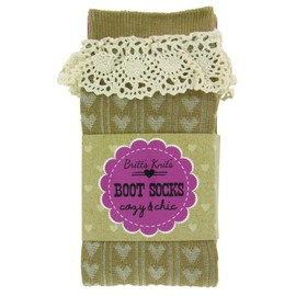 Britt's Knits Boot Socks Hearts with Cotton Lace, Tan, One Size
