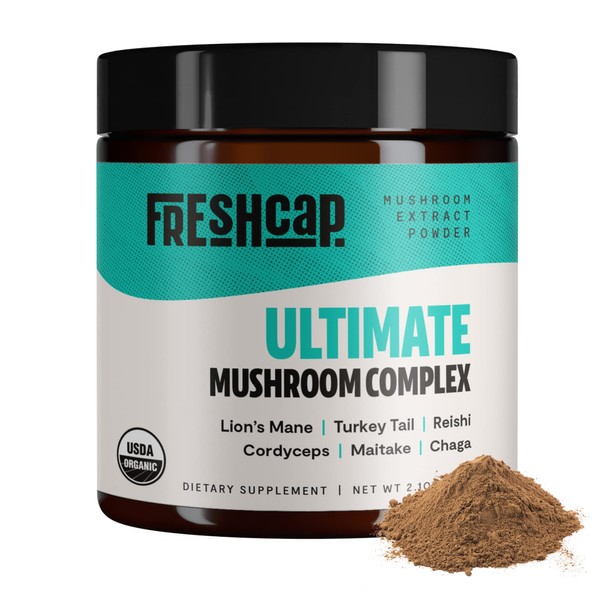 FreshCap - Ultimate Mushroom Complex - Pure Extract Powder - USDA Organic - Lions Mane, Reishi, Cordyceps, Chaga, Turkey Tail, Maitake -60g- Supplement - Add to Coffee– Real Fruiting Body–No Fillers