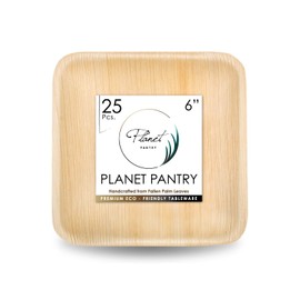 Planet Pantry Disposable 6" Square Palm Leaf Plate Premium Heavy Duty Eco-Friendly Wooden style tableware for party wedding event (25 pc)
