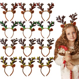 12 Pcs Christmas Reindeer Antlers Headband,Christmas Reindeer Ears Headband with Glitter Sequins,Christmas Headpiece Deer Hairbands for Kids Adults Christmas Holiday Photo Booth Props Party Favors