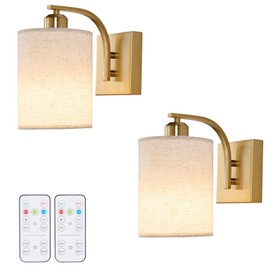 Powfloven Gold Rechargeable Battery Operated Wall Sconces Set of 2 with Remote, Wireless Dimmable Battery Powered LED Wall Lights, Cordless Wall Lighting Lamp Fixture for Bedroom Living Room