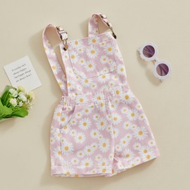 Kids Toddler Girls Denim Dungarees Shorts Floral Print Sleeveless Overalls Shortalls Baby Summer Clothes Outfits (Floral Daisy Light Pink, 18-24 Months)