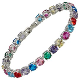 RIZILIA Tennis Bracelet [18cm/7inch] with Round Cut Gemstones CZ [Multi Coloured] in 18K White Gold Plated, Simple Modern Elegance