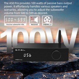 S.M.S.L A50 PRO HiFi Power Amplifier, High/Low pass filter 2.1-Channel, Infineon's MA12070P Chip, Bluetooth 5.0/USB/Optical/HDMI/AUX input Passive subwoofer with adjustable volume, with Remote Control