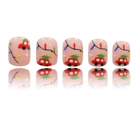 Cute Christmas Press on Nails Short Square Cartoon Car Fake Nails with Design Glossy Nude Acrylic Color Light Fake Nails Xmas Glue on Nails Artificial Nails Press ons Winter Stick on Nails for Women