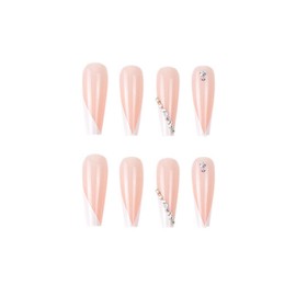 MISUD Press on Nails - Long Coffin Glue on Nails with White French Tip, Acrylic Rhinestone Design 24 pcs