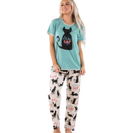 Lazy One Women's Pajama Set, Short Sleeves with Cute Prints, Relaxed Fit, Cat Nap Blue Pajama Set, X-Large