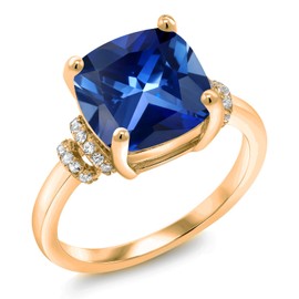 Gem Stone King 18K Yellow Gold Plated Silver Blue Created Sapphire Engagement Ring For Women | 5.61 Cttw | Cushion 10MM | Available In Size 5, 6, 7, 8, 9