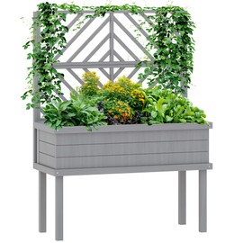 Outsunny Raised Garden Bed with Trellis for Climbing Plants, Vegetable, Grape Vines, Elevated Planter Box with Legs, Drainage Holes and Filter for Outdoor Garden, Patio, Gray