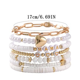 tenghong2021 Boho Multiple Layers Mama Metal Love Pendant Bracelets for Women Surfer Polymer Clay Heishi Stackable Beaded Elastic Bracelets for Women Summer Beach Jewelry Set-A