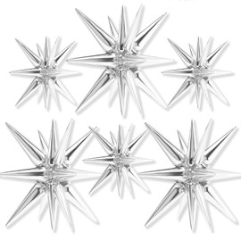 PartyWoo Star Balloons 6 pcs, One-Piece 14-pointed Explosion Star Balloons with Ribbon, Silver Point Star Foil Balloons, Large Mylar Balloons for Baby Shower Boy, Birthday, Wedding (27 & 22 inch)