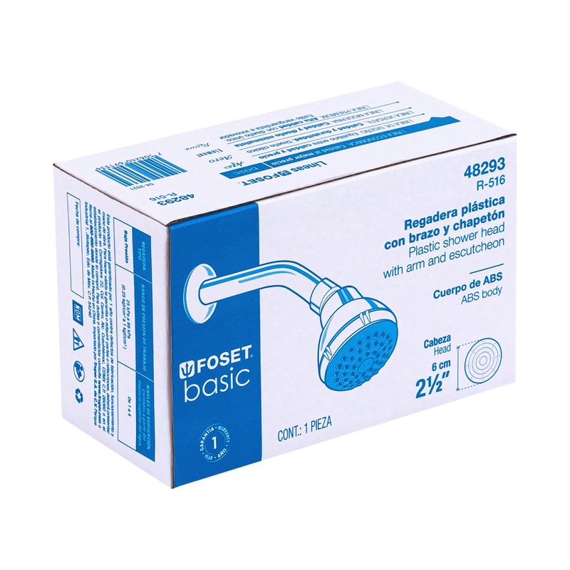 Foset Basic R-516, Regadera plástica redonda 2-1/2" color gris-blanca