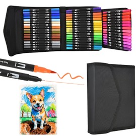 48 Colores Plumones Doble Punta Pencil, POVOLE Marcadores Cepillo de Nailon y Punta Fina 0.4/1-2mm Niños y Adultos, Colorear Mezclables Rotuladores a Base de Agua, Lettering Dibujar Caligrafía