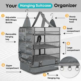 Wisreach Hanging Suitcase Organizer & Travel Shelves, Packing Cubes for Travel, Easy Packing & Wrinkle-Free Clothes, Suitcase Hanging Organizer for Carry-on Luggage, Grey