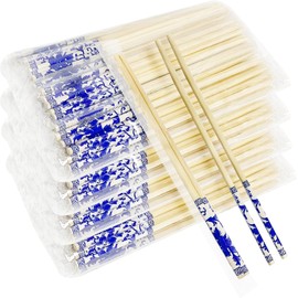 WOYAODONG 50 Pairs Disposable Blue Flower Bamboo Chopsticks, Restaurant, Individual Package Chop Sticks, Japanese Food, Thai Food, Chinese Food, Asian Food