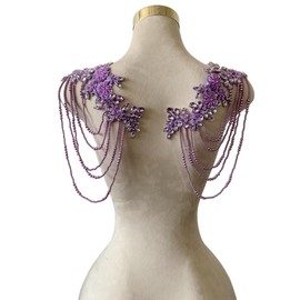 1 Pair Beaded Rhinestones Applique Embellishment for Clothes Epaulettes Shoulder Patches Sew-on Diamond Sequin Tassels Applique for Wedding Dress DIY Accessories 9.8X10.2inches (Violet)