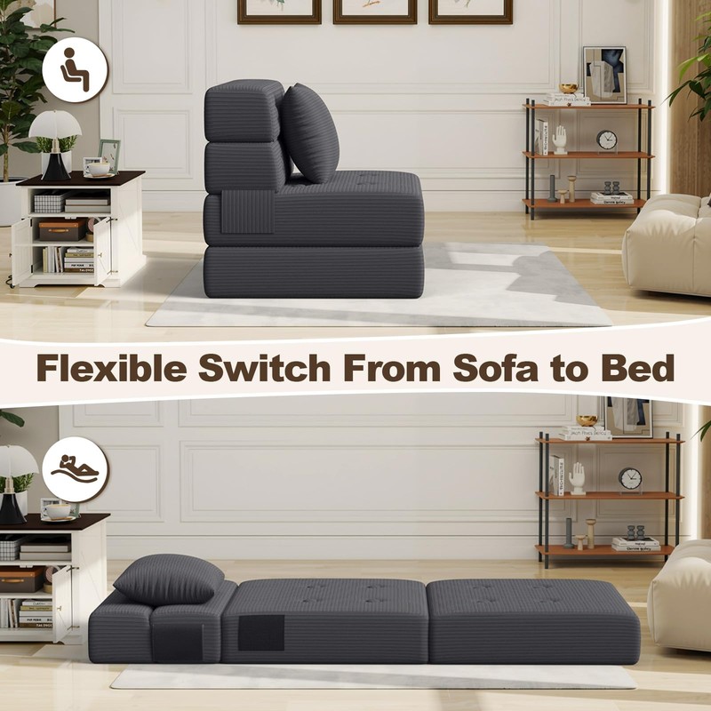 Folding Sofa Bed, One-Piece High-Density Foam Sleeper Chair, Grey, Single