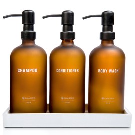 Casa Sofia Frosted Amber Glass Shampoo and Conditioner Dispenser Set – Refillable 16 OZ Bottles with Pump, Concrete Tray Included – Modern Bathroom Organization