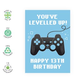 CENTRAL 23 Fun 13th Birthday Card for Boys - 'You've Levelled Up!' - Happy Thirteenth Birthday - Thirteen Year Old - Age 13 - Blue Greeting Card for Gamers - For Teenager - Son, Grandson, Him